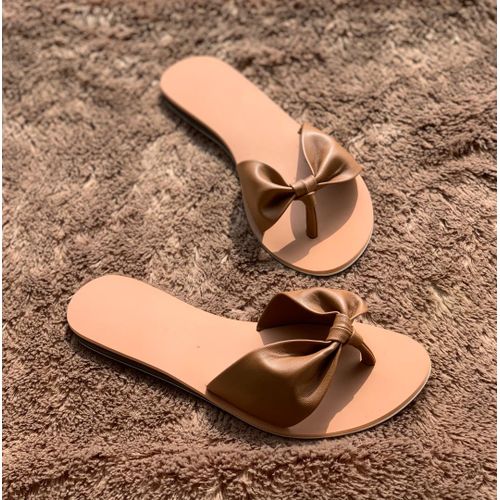 Fashion Exquisite Bow Ladies Slippers- Brown