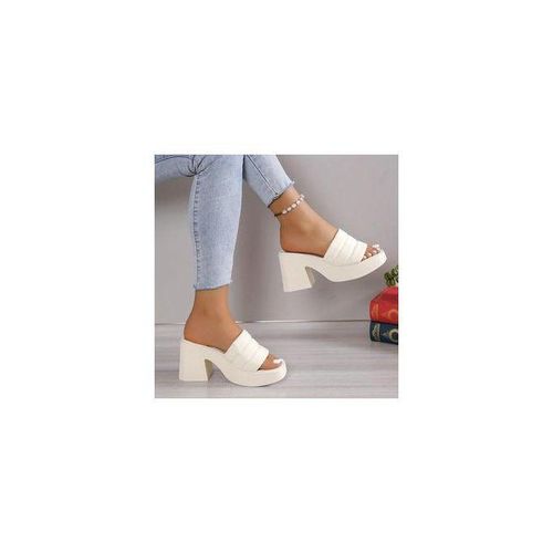 product_image_name-Fashion-White Block Heel Slippers For Women – Open-Toe Comfortable Slip On Sandals Casual & Party Wear-1