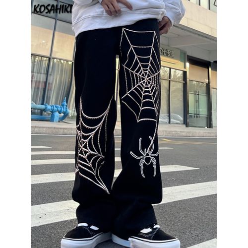 Fashion (Black)2023 Harajuku Y2k Jeans Men Fairycore Grunge Spider Print  High Waist Trousers Aesthetic Grunge Black Denim Pant Black Streetwear DOU