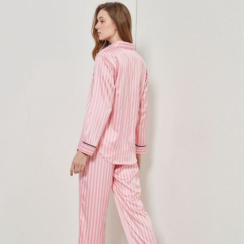 Fashion Summer Pajamas For Women Satin Silk Striped Sleepwear 2 Pieces Set  Sleep Tops Pants Pjs Ladies Night Wear Loungewear Home Suit
