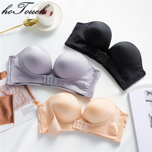 Fashion Women Invisible Bras Front Closure Push Up Bra Underwear Lingerie  For Female Brassiere Strapless Seamless Bralette ABC Cup Apricot