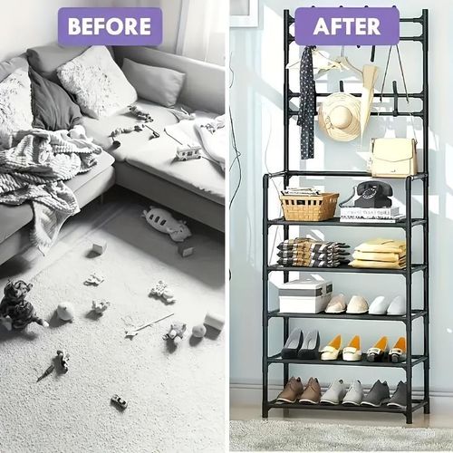 Generic 5-Tier Metal Shoe Rack Hat Rack Black Multi-Function Entryway Storage Organizer with Hanger and Hooks - image 2