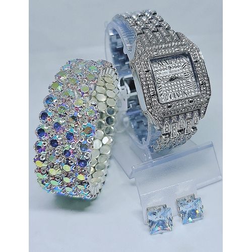 product_image_name-Fashion-Ladies Silver Wristwatch + Wrap Bracelet & Stud Earring-2