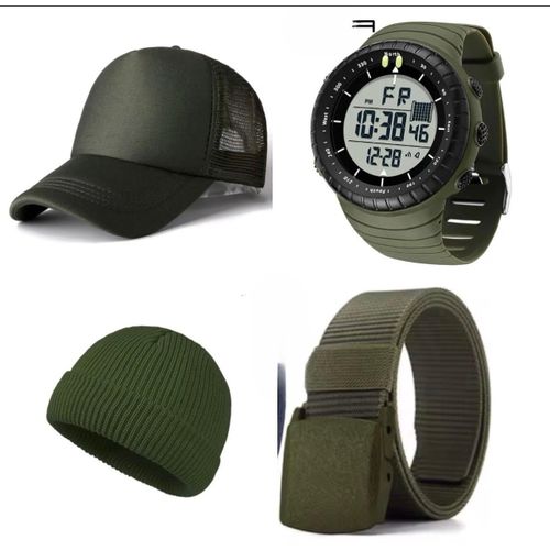 product_image_name-Fashion-4 IN 1 DARK GREEN CLASSIC UNISEX GIFT SET WITH MULTI FUNCTIONAL DIGITAL WATERPROOF SPORT WATCH WRISTWATCH AND FACE CAP BEANIE AND BELT -1