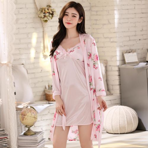 Fashion Pink Sleeping Wear Sets Women Robe Ice Silk Nightdress