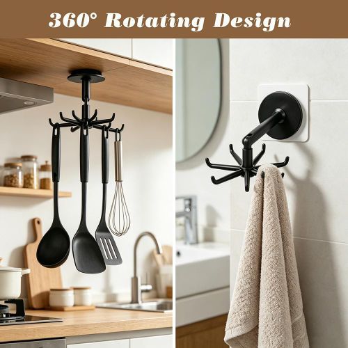 Generic No Drill Rotating Hooks Set, Wall Mounted 360° Swivel Hangers for Kitchen Bathroom - image 3