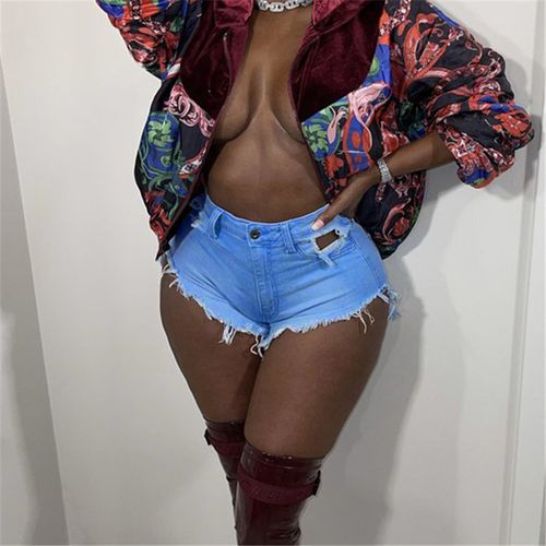 Fashion (Blue)Female Fashion Casual Summer Cool Women Denim Booty Shorts  High Waisted Fur-Lined Leg-Openings Plus Size Street Short Jeans DOU