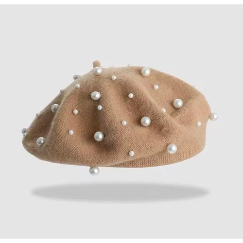 product_image_name-Fashion-Fashionable Pearl Wool Beret Hat Women's Vintage Artist Style Cap Winter Warm Knitted Headwear Versatile Autumn Season Hat-1