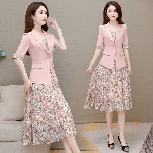 Fashion Summer Casual Floral Dress Suits Women 2 Piece Set Korean Thin  Half-pink