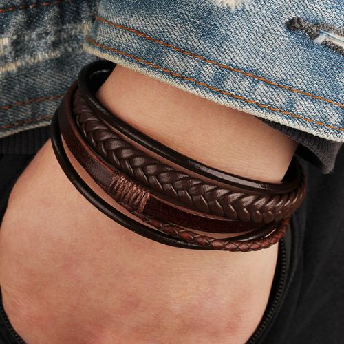 product_image_name-Fashion-Classic Men Unisex Leather  Layer Bracelet-Brown-2