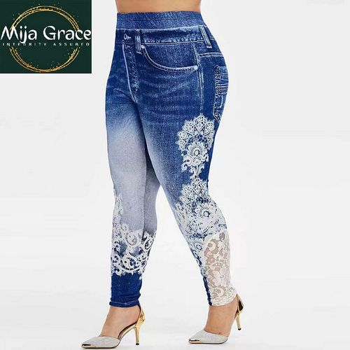 Fashion {MijaGrace} Women's High Elasticity Denim Printed LEGGINGS - Blue