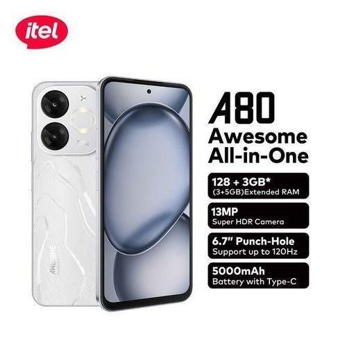 itel A80 – 6.7" HD+, 128GB ROM, 3GB RAM, 5000mAh, 4G -WHITE