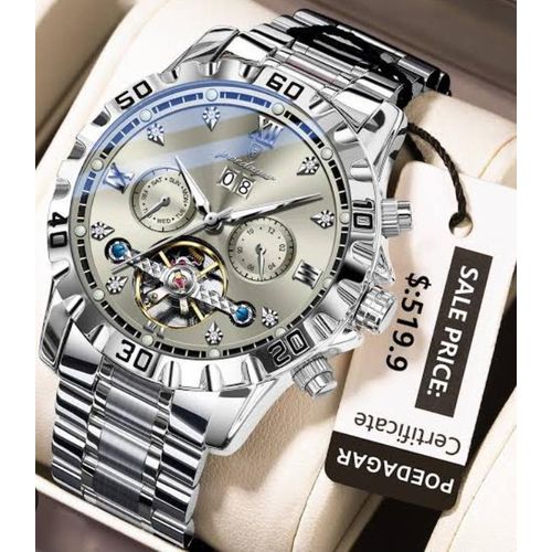 POEDAGAR Long Lasting / Non Fading Sophisticated Chronograph Silver Diamond Mechanical Engine Wristwatch - image 2