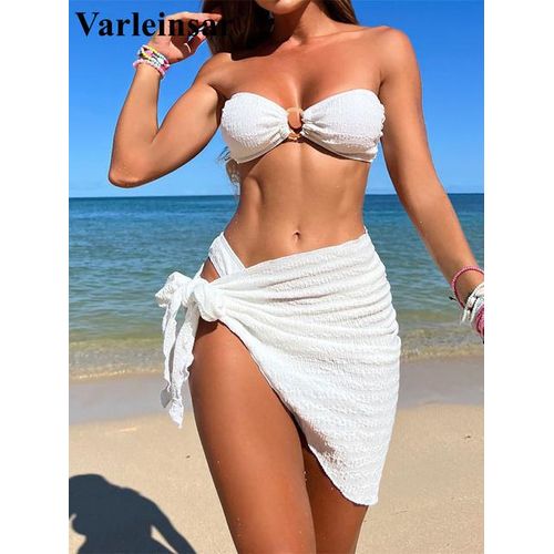 Generic With Sarong Bandeau Strapless Wrinkled Bikini Women Swimwear Female  Swimsuit Three-Pieces Bikini Set Bather Bathing Suit V4587