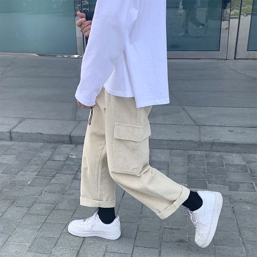 Fashion (Khaki)Vintage Men Corduroy Pocket Baggy Cargo Pants Joggers Mens  Japanese Streetwear Wide Leg Pants Male Korean Trousers OM