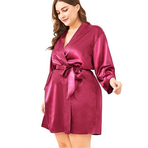 Fashion Plus Size Silk Women Sleep Wear Bathrobe Nightgown Black Long Sleeve  Sash Female Sleepwear Bathgown Large Lady Home Night Dress（#Wine Red）