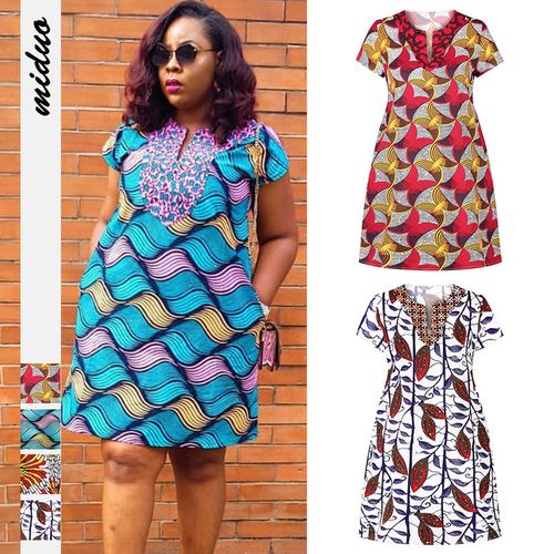 Fashion V-Neck Ankara Stylish African Print Short Summer Dress-Blue ...