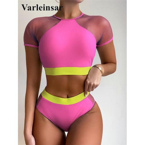Generic Splicing Mesh Short Sleeve High Waist Bikini Female Swimsuit Women Swimwear Two Piece Bikini Set Bather Bathing Suit Swim V2871p black Jumia Nigeria
