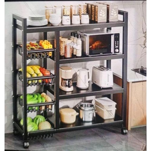 product_image_name-Generic-4-Tier Black Rolling Kitchen Storage Cart Trolley with Wheels – Microwave Oven Stand, Vegetable/Fruit Rack & Multi-Purpose Shelf (120cm)-1