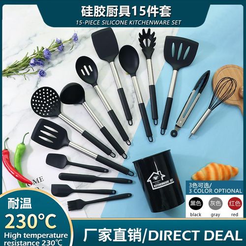 Teal Blue Kitchen Utensils Set, 15-Piece Silicone Cooking Utensils