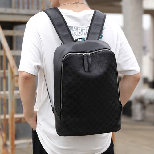 Fashion PU Men Backpack Leather Woven Design Student School Bag Luxury  Business Male Lap Bag Fashion Waterproof Travel Backbag(#Black)