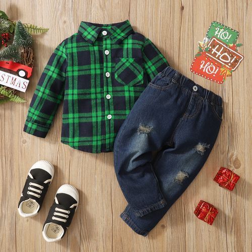Fashion 1 6Y Kid Boys Clothes Set Long Sleeves Green Plaid Shirt Ripped Denim Pants Jumia Nigeria