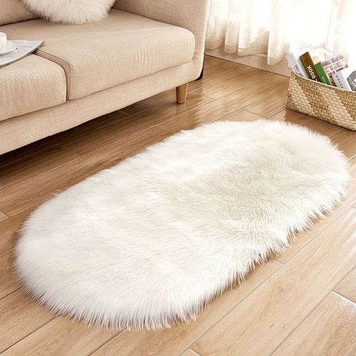 product_image_name-Dexim-White Oval & Fluffy Faux Sheepskin Fur Rug-1
