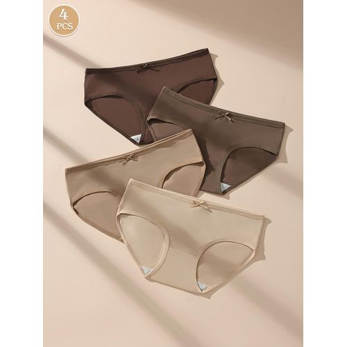 product_image_name-Fashion-4pcs Women's Cotton Briefs - Sexy Comfortable Breathable Underwear with Bow Detail, Maillard Color Palette (Beige/Brown/Blush/Neutral) - Soft Everyday & Clothing Essentials-3