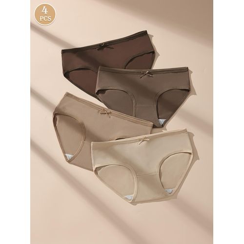 product_image_name-Fashion-4pcs Women's Cotton Briefs - Sexy Comfortable Breathable Underwear with Bow Detail, Maillard Color Palette (Beige/Brown/Blush/Neutral) - Soft Everyday & Clothing Essentials-4