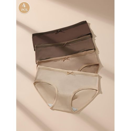 product_image_name-Fashion-4pcs Women's Cotton Briefs - Sexy Comfortable Breathable Underwear with Bow Detail, Maillard Color Palette (Beige/Brown/Blush/Neutral) - Soft Everyday & Clothing Essentials-5