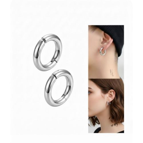 product_image_name-Fashion-2 Pcs Unisex Silver Stainless Steel Clip on Hoop Huggie Earrings -1