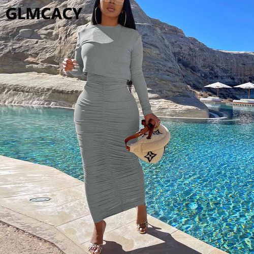 Fashion Women Two Piece Ruched Dress Set Long Sleeve Crop Top & Casual  Maxi-dark Grey