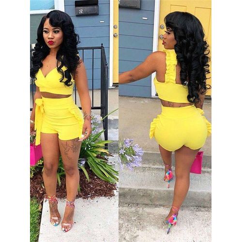 Fashion Yellow Two Piece Set 2019 Summer women crop tops High Waist Shorts 2pcs Ruffles Bow outfits Ladies Yellow Slim matching Clothes sets Jumia Nigeria