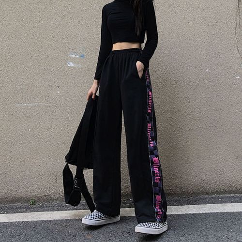 Women Black Sweatpants Korean Style Fashion Print Baggy Pants