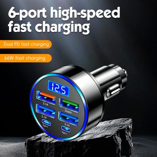 Generic Ultra fast charging USB-C car charger 6-in-1 adapter with LED and voltage display - image 2