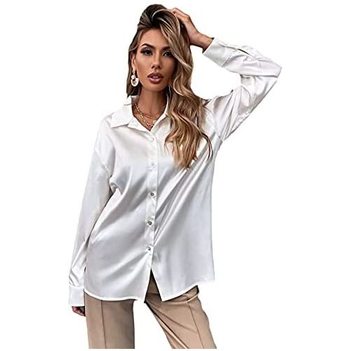 Chigant Women's Satin Silk Blouse Long Sleeve V Neck Button Down