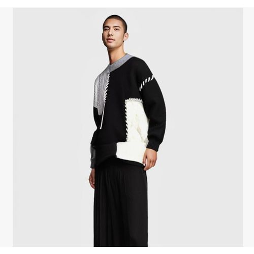 product_image_name-Guru-GURUNVANI Patchwork Sweater Mens Colorblock Jumper Cable Knitted Pullover -4