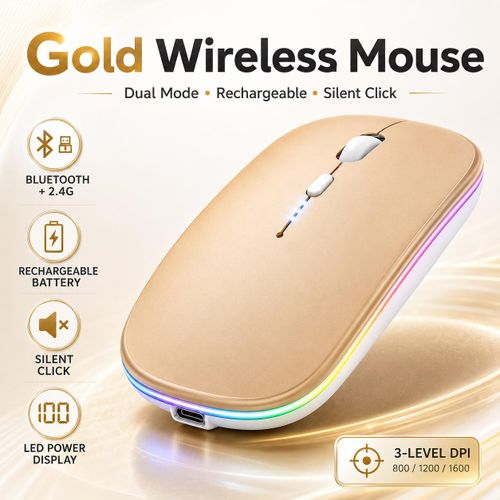 Generic Wireless Bluetooth Mouse Rechargeable Dual Mode 2.4G Silent Click Computer Mouse with 3-Level Battery Indicator Color LED Light Adjustable DPI for Laptop PC MacBook Gold