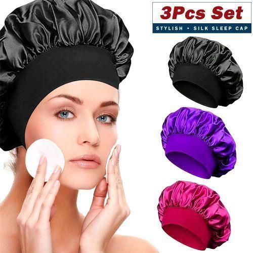 product_image_name-UNIQUE-3Pcs Satin Hair Bonnet Large Sleep Cap Wide Elastic Band-1