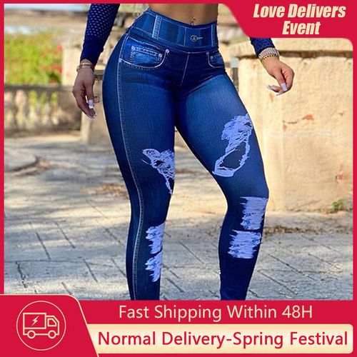 Generic High Waist Faux Denim Jean Leggings Slim Elastic Seamless S