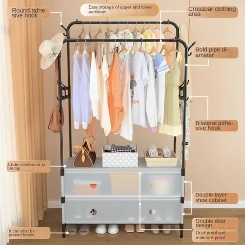 Generic Multifunctional Double-Pole Clothes Rack with Shoe Storage and Side Hooks.