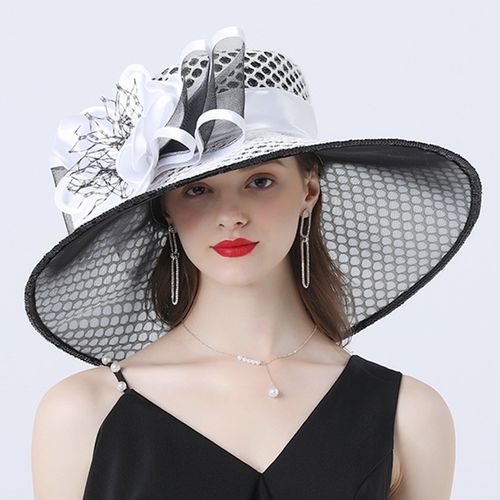 Fashion Women 16cm Wide Brim Flower Mesh Sun Hat Lady Bow Summer Beach Hat  Church Derby Dress Fascinator Bridal Hat Party Wedding Hat