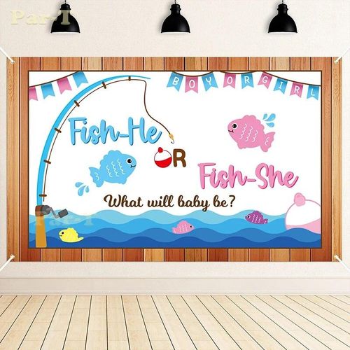 Generic Gone Fishing Gender Reveal Poster Photo Backdrop Blue Boy Pink Girl Baby  Shower Party Background Decoration for Parent to Be
