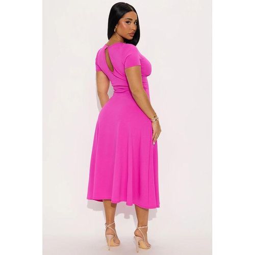 Fashion Fuchsia Short Sleeve V-Neck Stretch Midi Dress for Women Casual Everyday Wear Date Night - image 2