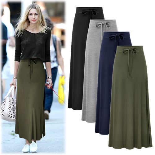 Womens Casual PLUS SIZE 2PC Solid Color Crop Top Maxi Skirt Outfit Set XL- 5XL