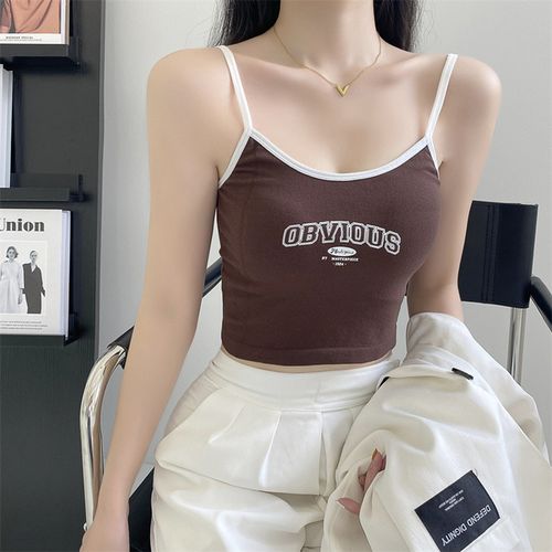 Fashion (6117-Coffee)2022 New Ladies Camisole Slim Fit Stretch Push Up Bra  With Chest Pads Cropped Navel Short Tube Top V-Neck Tops Hot Sale WEF