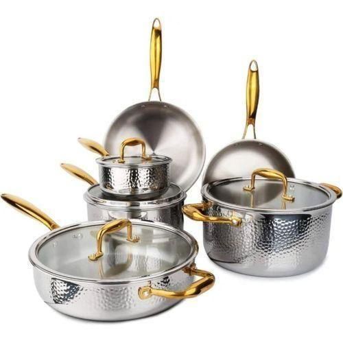 Generic 10-Piece Hybrid Hammered Cookware Set with Gold Accent Handles