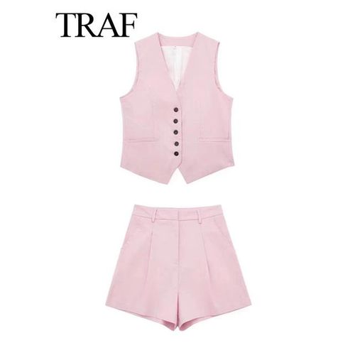 Generic Traf Summer Women Pant Set Vintage Solid Single Breasted V Neck  Waistcoat S Slim Zipper Shorts Office Lady Suits Streetwear