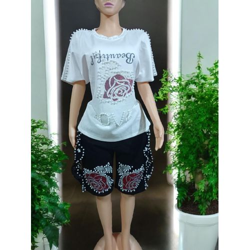 product_image_name-Generic-Ladies White Top With Black Jean Knicker – Beaded Design, Quality Outfit-1