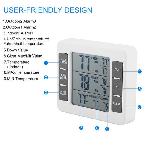 Amir Refrigerator Thermometer, Wireless Indoor Outdoor Digital Freezer Thermometer, Sensor Temperature Monitor with Audible Alarm Temperature Gauge